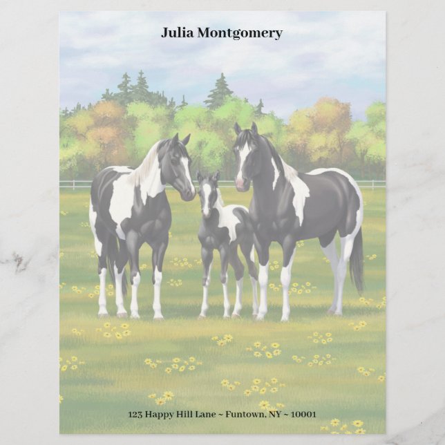 Black Pinto Paint Quarter Horses In Summer Pasture Custom Letterhead (Front)