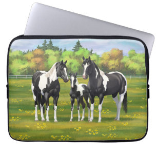 Black Pinto Paint Quarter Horses In Summer Pasture Laptop Sleeve