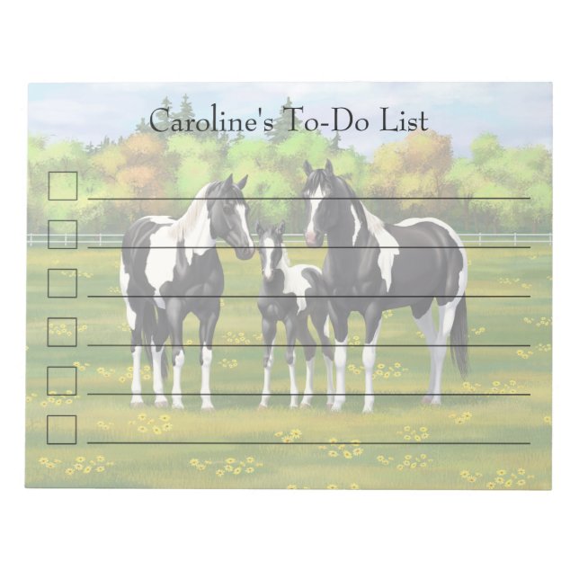 Black Pinto Paint Quarter Horses In Summer Pasture Notepad (Front)