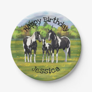 Black Pinto Paint Quarter Horses In Summer Pasture Paper Plate