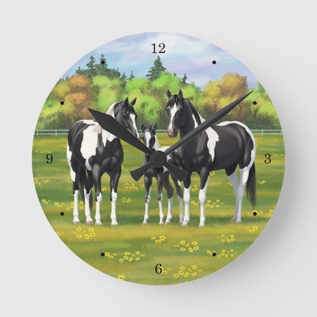 Black Pinto Paint Quarter Horses In Summer Pasture Round Clock (Front)