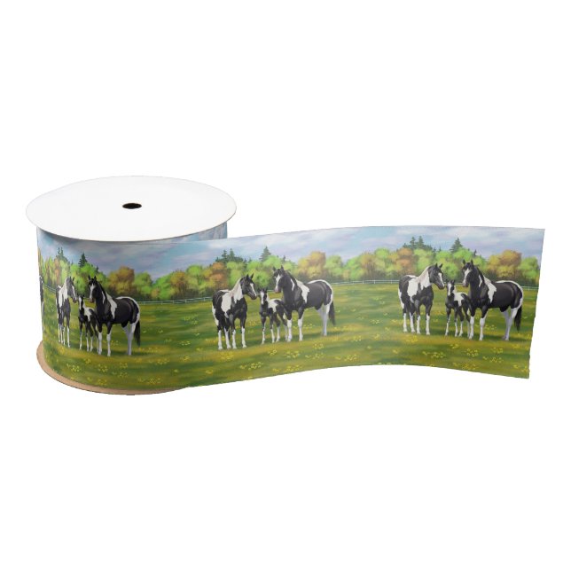 Black Pinto Paint Quarter Horses In Summer Pasture Satin Ribbon (Spool)