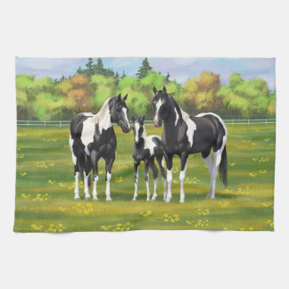 Black Pinto Paint Quarter Horses In Summer Pasture Tea Towel