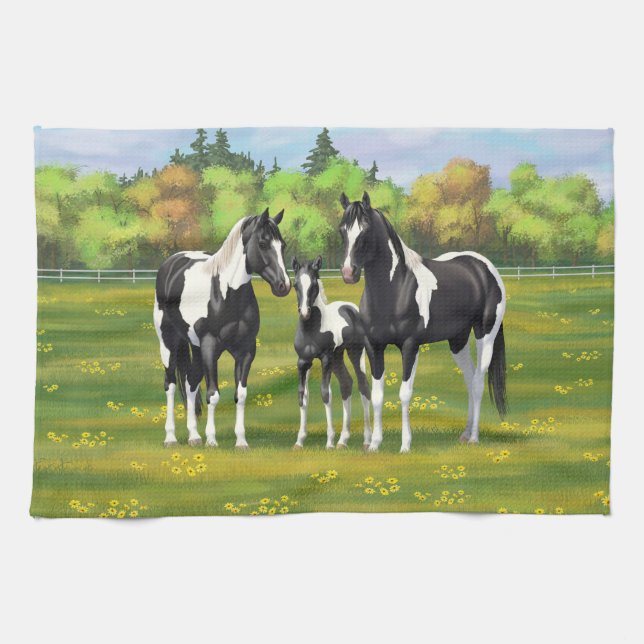 Black Pinto Paint Quarter Horses In Summer Pasture Tea Towel (Horizontal)