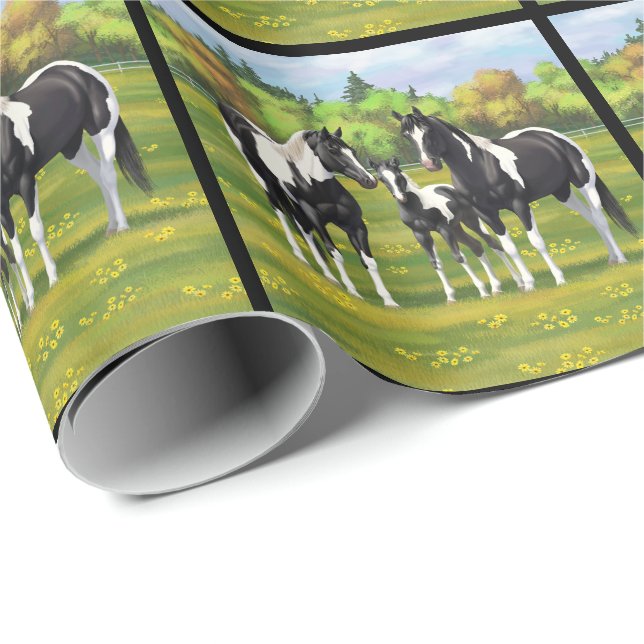 Black Pinto Paint Quarter Horses In Summer Pasture Wrapping Paper (Roll Corner)