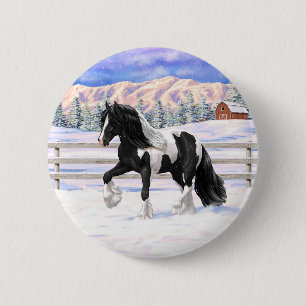 Black Pinto Piebald Gypsy Vanner Draught Horse 6 Cm Round Badge