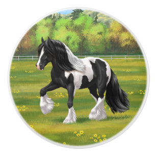 Black Pinto Piebald Gypsy Vanner Draught Horse Ceramic Knob