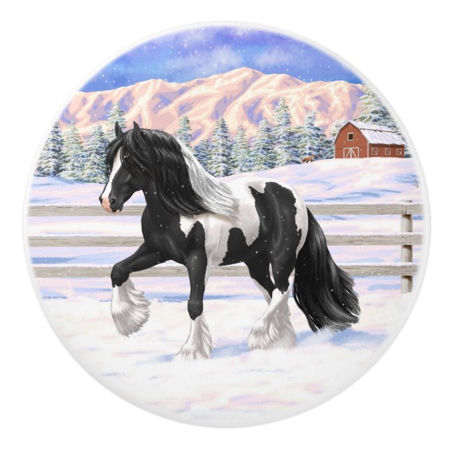 Black Pinto Piebald Gypsy Vanner Draught Horse Ceramic Knob (Front)