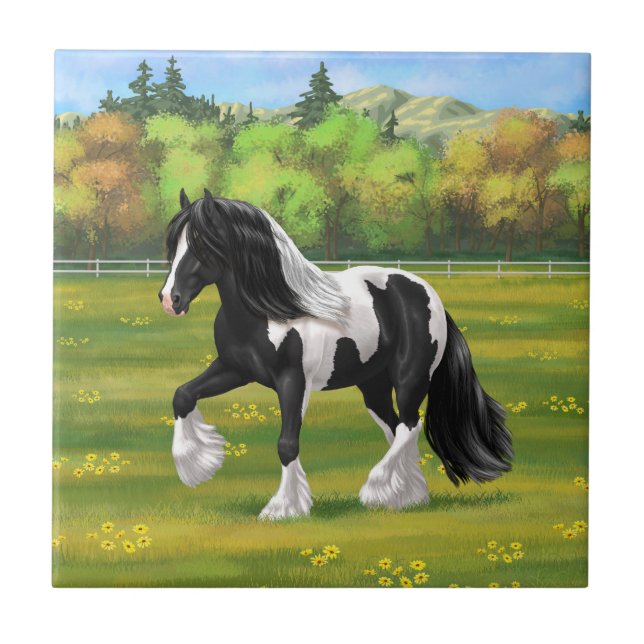 Black Pinto Piebald Gypsy Vanner Draught Horse Ceramic Tile (Front)