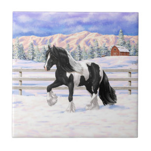 Black Pinto Piebald Gypsy Vanner Draught Horse Ceramic Tile