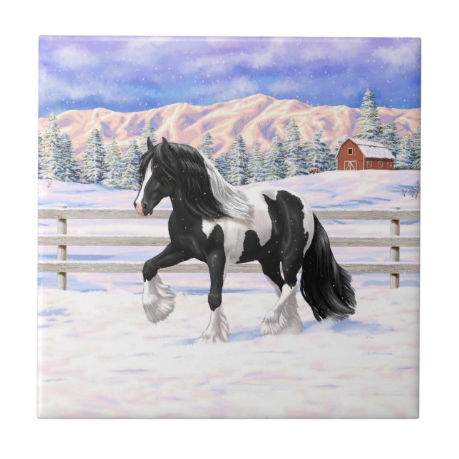 Black Pinto Piebald Gypsy Vanner Draught Horse Ceramic Tile (Front)