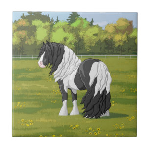 Black Pinto Piebald Gypsy Vanner Draught Horse Ceramic Tile