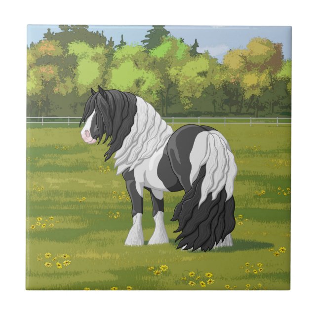 Black Pinto Piebald Gypsy Vanner Draught Horse Ceramic Tile (Front)