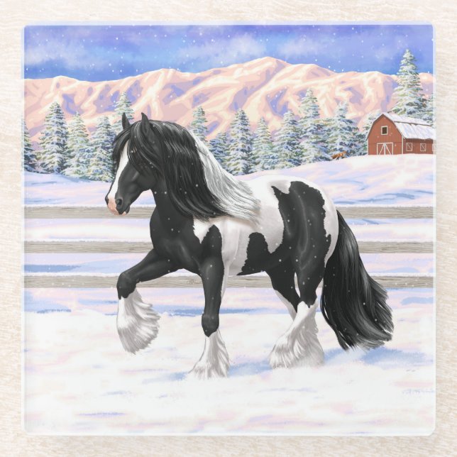 Black Pinto Piebald Gypsy Vanner Draught Horse Glass Coaster (Front)