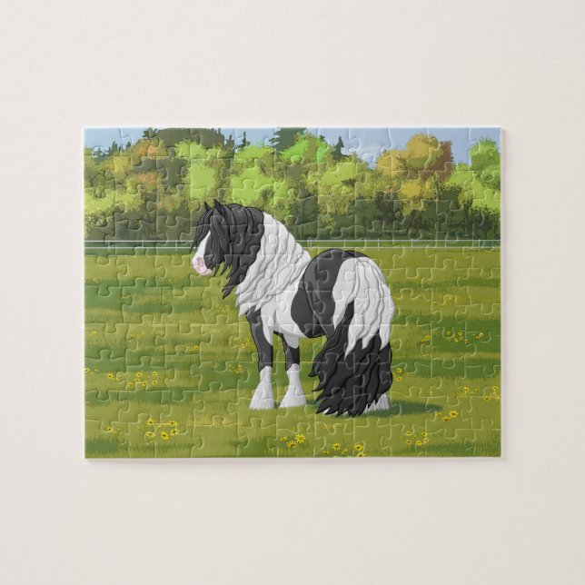 Black Pinto Piebald Gypsy Vanner Draught Horse Jigsaw Puzzle (Horizontal)
