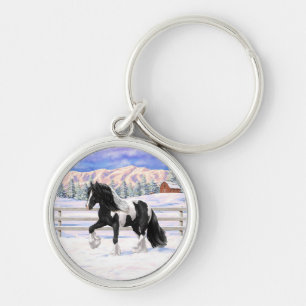 Black Pinto Piebald Gypsy Vanner Draught Horse Key Ring
