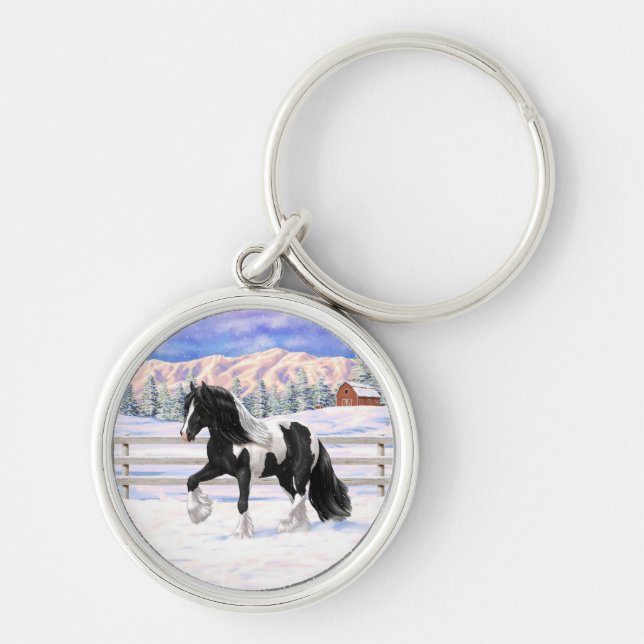 Black Pinto Piebald Gypsy Vanner Draught Horse Key Ring (Front)