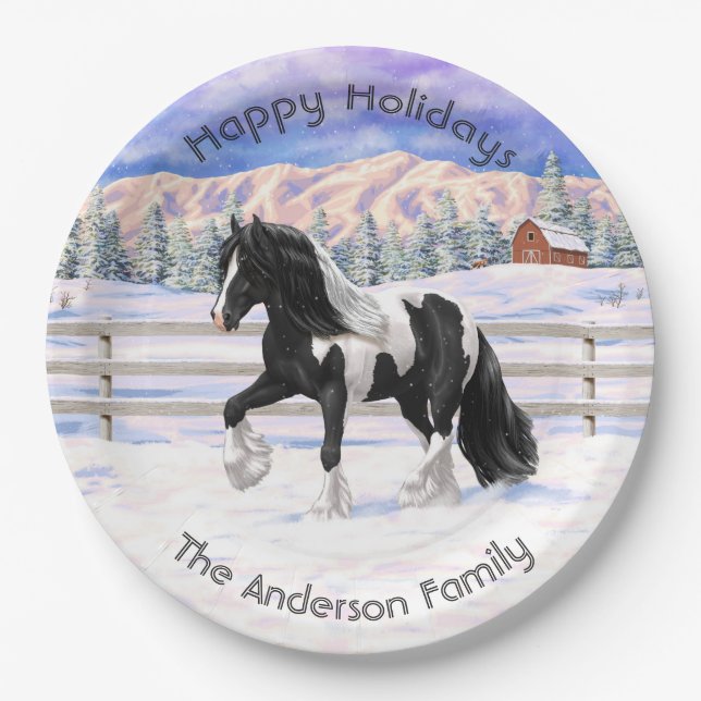 Black Pinto Piebald Gypsy Vanner Draught Horse Paper Plate (Front)