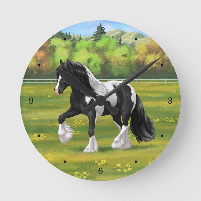 Black Pinto Piebald Gypsy Vanner Draught Horse Round Clock (Front)