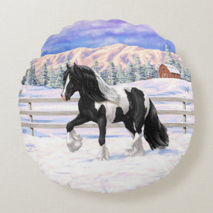 Black Pinto Piebald Gypsy Vanner Draught Horse Round Cushion
