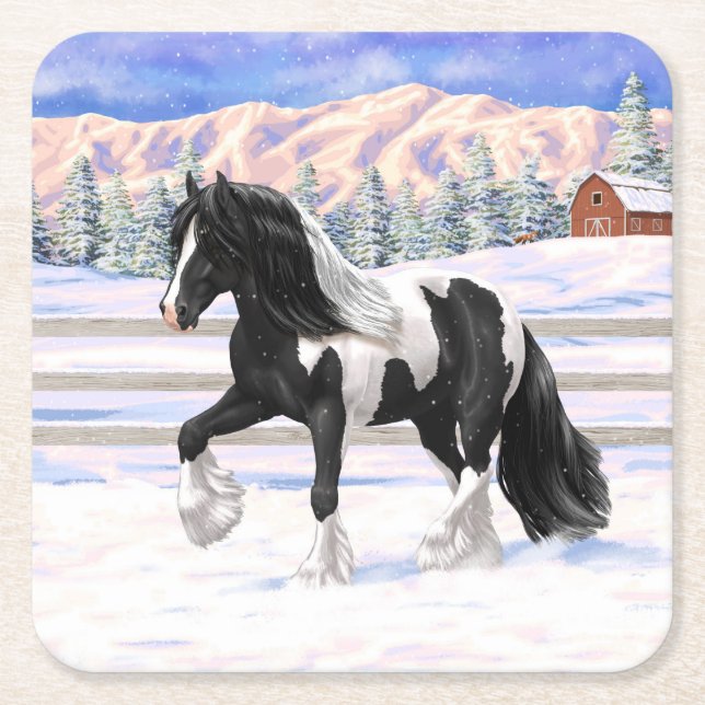 Black Pinto Piebald Gypsy Vanner Draught Horse Square Paper Coaster (Front)