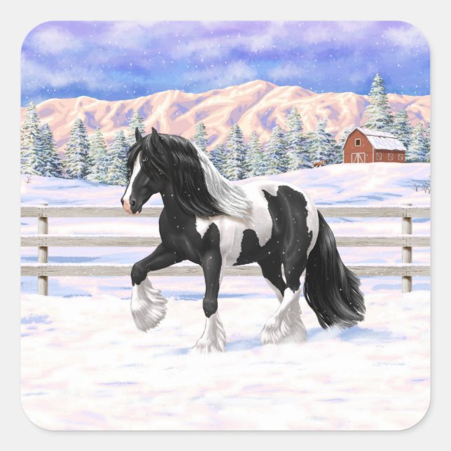 Black Pinto Piebald Gypsy Vanner Draught Horse Square Sticker (Front)