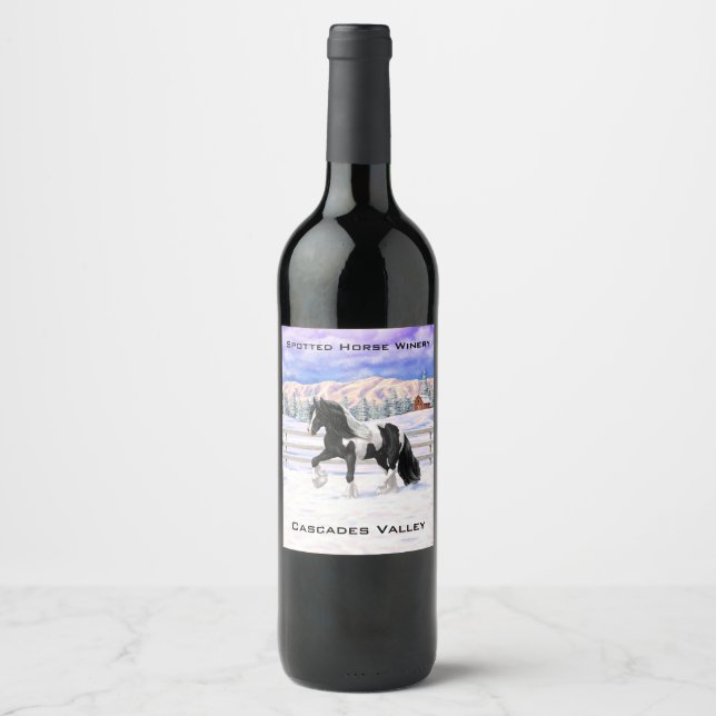 Black Pinto Piebald Gypsy Vanner Draught Horse Wine Label (Front)