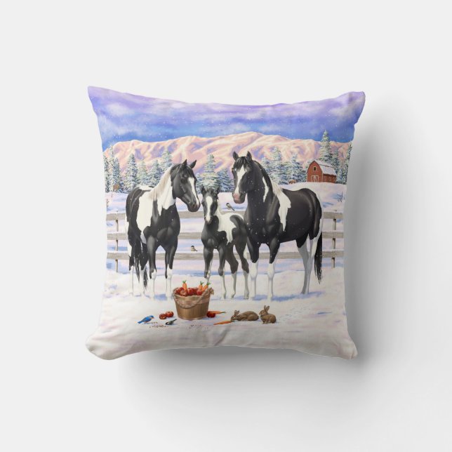Black Pinto Quarter Horse Paint Horses In Snow Cushion (Front)