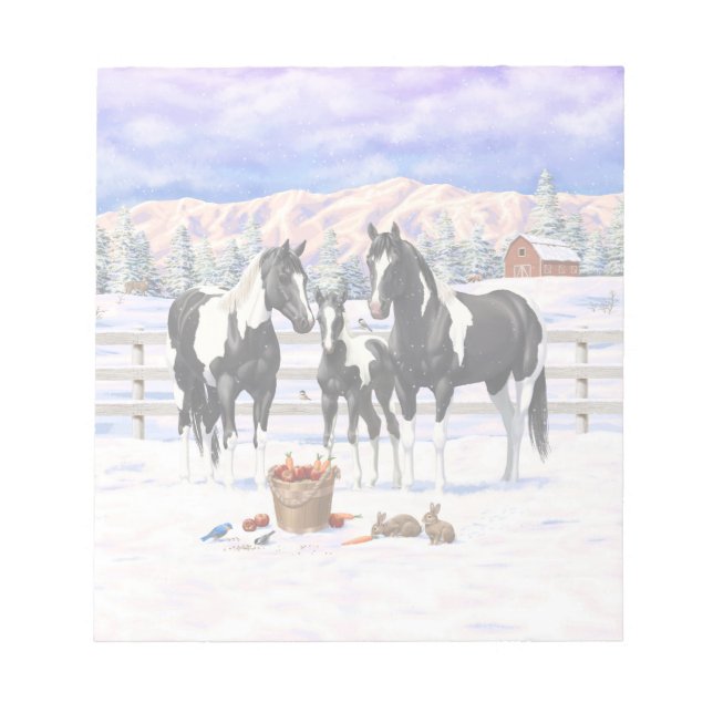 Black Pinto Quarter Horse Paint Horses In Snow Notepad (Front)