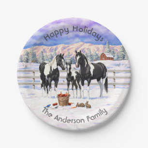Black Pinto Quarter Horse Paint Horses In Snow Paper Plate