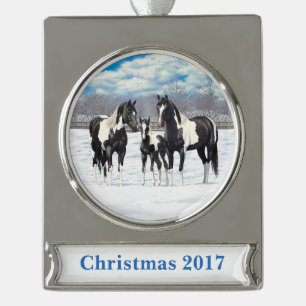 Black Pinto Quarter Horse Paint Horses In Snow Silver Plated Banner Ornament
