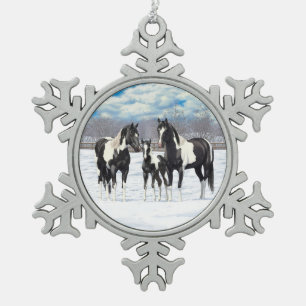Black Pinto Quarter Horse Paint Horses In Snow Snowflake Pewter Christmas Ornament