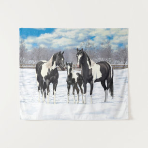 Black Pinto Quarter Horse Paint Horses In Snow Tapestry