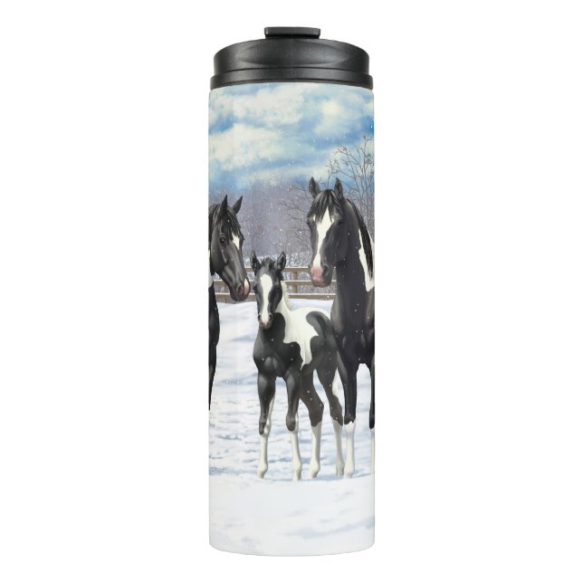 Black Pinto Quarter Horse Paint Horses In Snow Thermal Tumbler (Front)