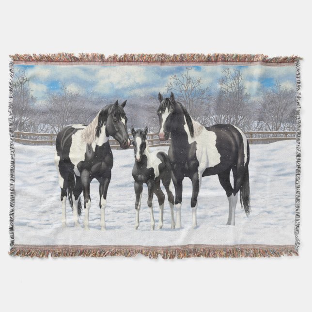 Black Pinto Quarter Horse Paint Horses In Snow Throw Blanket (Front)