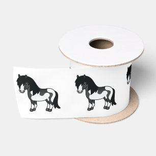 Black Pinto Shetland Pony Cartoon Illustration Satin Ribbon