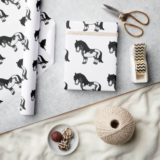 Black Pinto Shetland Pony Cartoon Pony Pattern Wrapping Paper (Crafts)