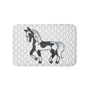 Black Pinto Trotting Horse Cartoon Illustration Bath Mat