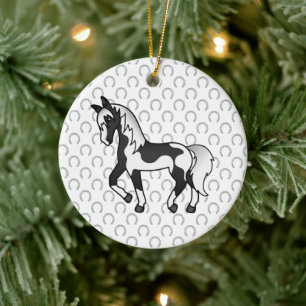 Black Pinto Trotting Horse Cartoon Illustration Ceramic Ornament
