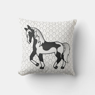 Black Pinto Trotting Horse Cartoon Illustration Cushion