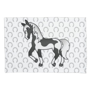 Black Pinto Trotting Horse Cartoon Illustration Pillowcase