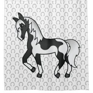 Black Pinto Trotting Horse Cartoon Illustration Shower Curtain