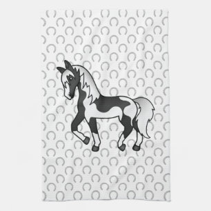 Black Pinto Trotting Horse Cartoon Illustration Tea Towel
