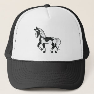 Black Pinto Trotting Horse Cartoon Illustration Trucker Hat