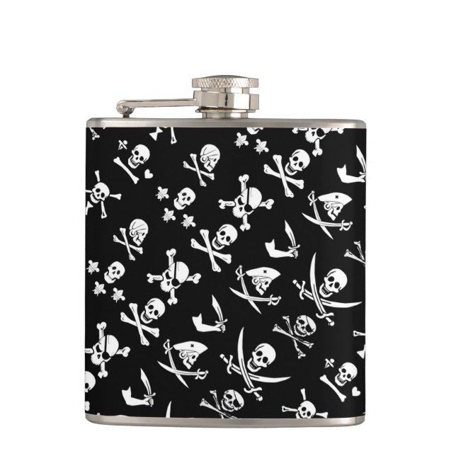 BLACK PIRATE BANNERS SKULL,CROSSED BONES,SWORDS HIP FLASK (Front)