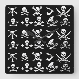BLACK PIRATE BANNERS SKULL,CROSSED BONES,SWORDS SQUARE WALL CLOCK