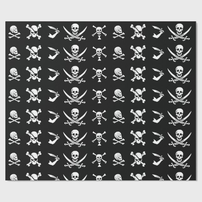 BLACK PIRATE BANNERS SKULL,CROSSED BONES,SWORDS WRAPPING PAPER (Flat)