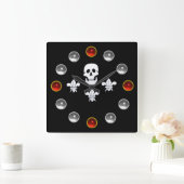 BLACK PIRATE FLAG JOLLY ROGER SKULL,THREE LILIES SQUARE WALL CLOCK (Home)