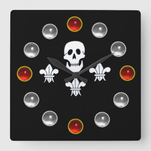 BLACK PIRATE FLAG JOLLY ROGER SKULL,THREE LILIES SQUARE WALL CLOCK