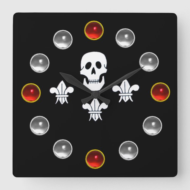 BLACK PIRATE FLAG JOLLY ROGER SKULL,THREE LILIES SQUARE WALL CLOCK (Front)